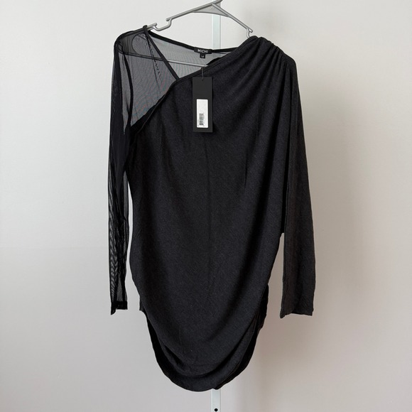 MICHI Tops - Michi sz L Gray Mesh Asymmetrical Drape Long Sleeve Top NWT Lagenlook Witchy